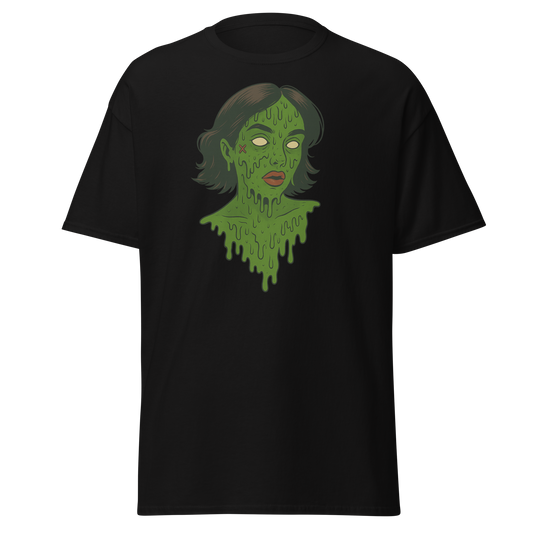 Death Drip black unisex T-shirt with green melting zombie girl graphic by Doll Parts 616