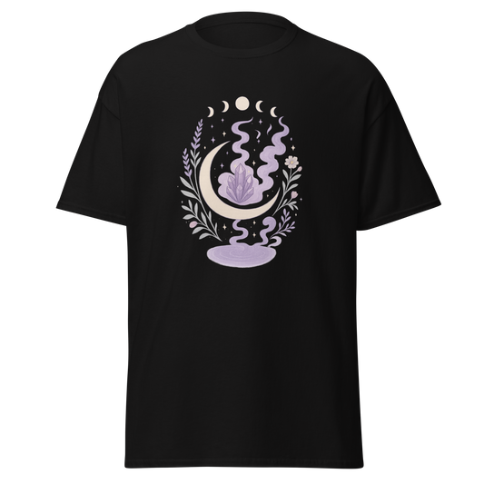 Dreamers Veil black unisex T-shirt with crescent moon, purple crystal, moon phases, botanicals and mystical smoke graphic by Doll Parts 616