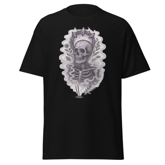 Shadow Calm black unisex T-shirt with gothic skeleton, crystals, botanicals and incense smoke graphic by Doll Parts 616
