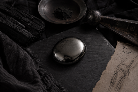 Polished Hematite crystal on a black slate surface with charcoal, dark linen fabric and a vintage anatomical joint sketch.