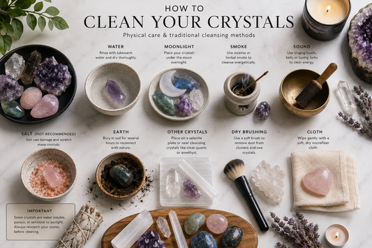 A flat lay of crystals, a singing bowl, incense, selenite, a soft brush, cloth, candle and bowls arranged to illustrate different methods of cleaning and traditionally cleansing crystals, including water, moonlight, smoke, sound and dry brushing.