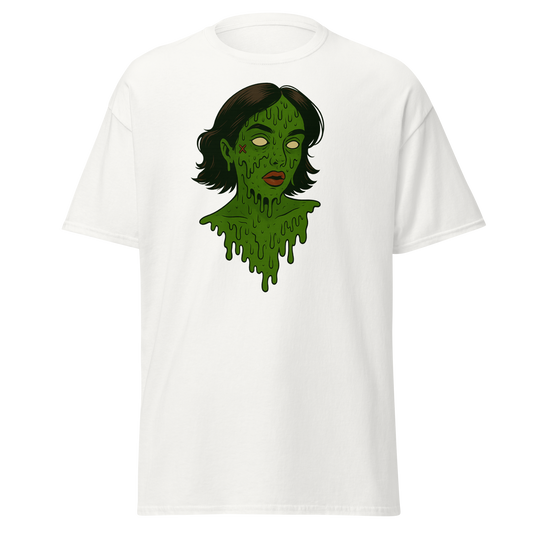 Death Drip white unisex T-shirt with green melting zombie girl graphic by Doll Parts 616