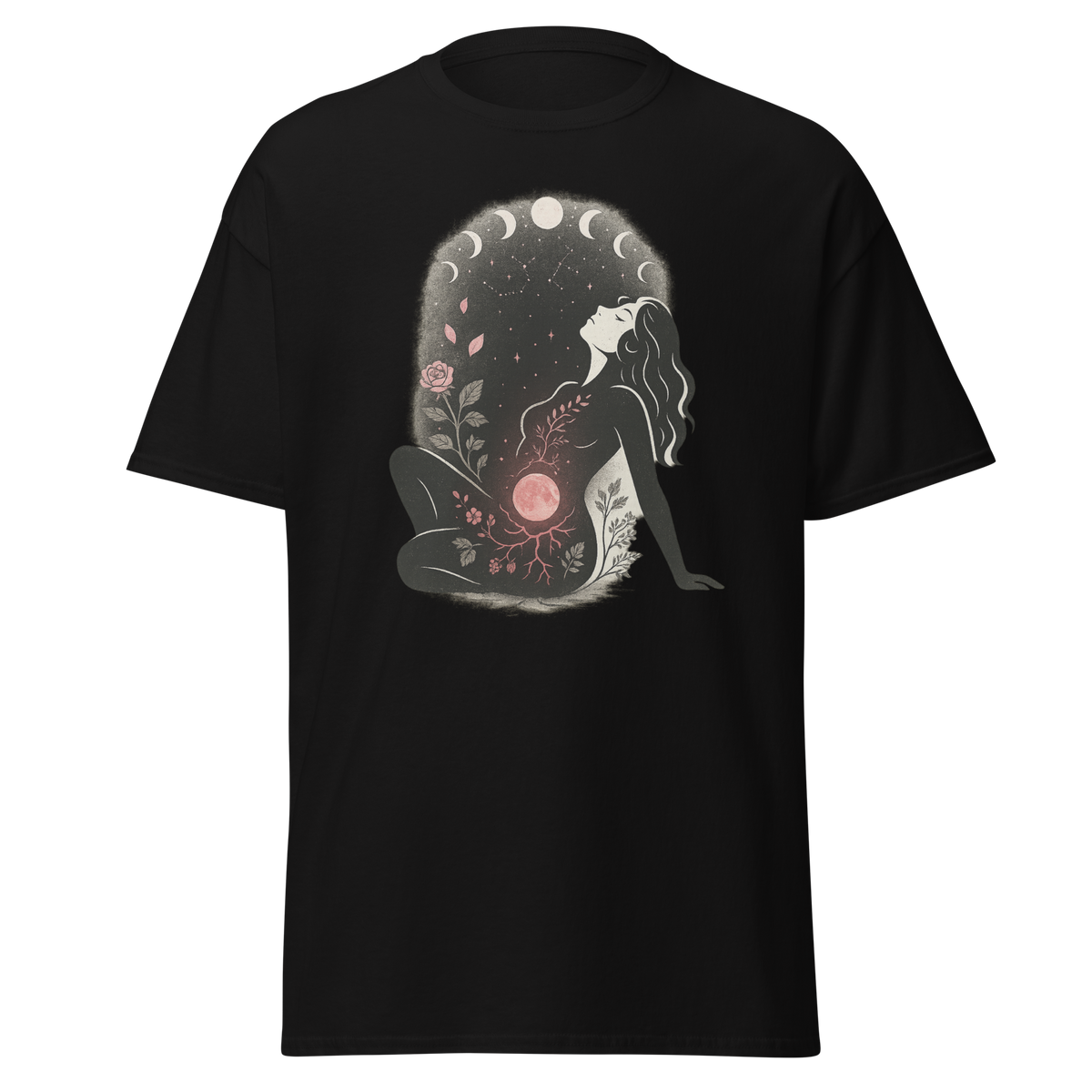 Blood Moon Comfort black unisex T-shirt with seated woman, glowing blood moon, lunar phases, roses and celestial botanical graphic by Doll Parts 616