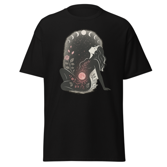 Blood Moon Comfort black unisex T-shirt with seated woman, glowing blood moon, lunar phases, roses and celestial botanical graphic by Doll Parts 616