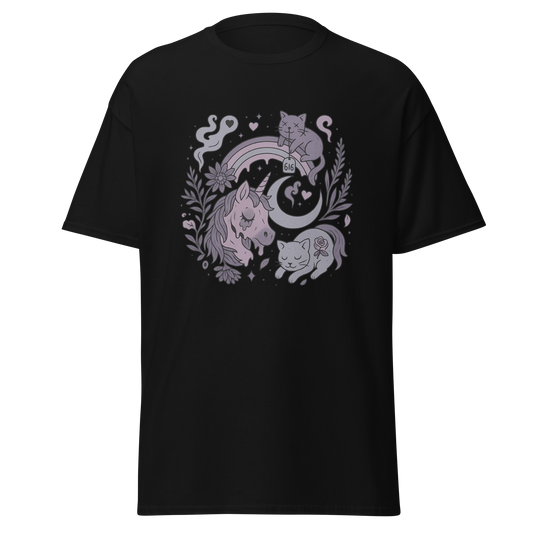 Midnight Trance black unisex T-shirt with unicorn, sleeping cats, crescent moon, rainbow and dark botanical graphic by Doll Parts 616