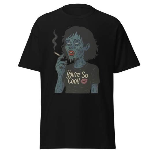 Smoked Out black unisex T-shirt with blue undead girl smoking and You're So Cool graphic by Doll Parts 616