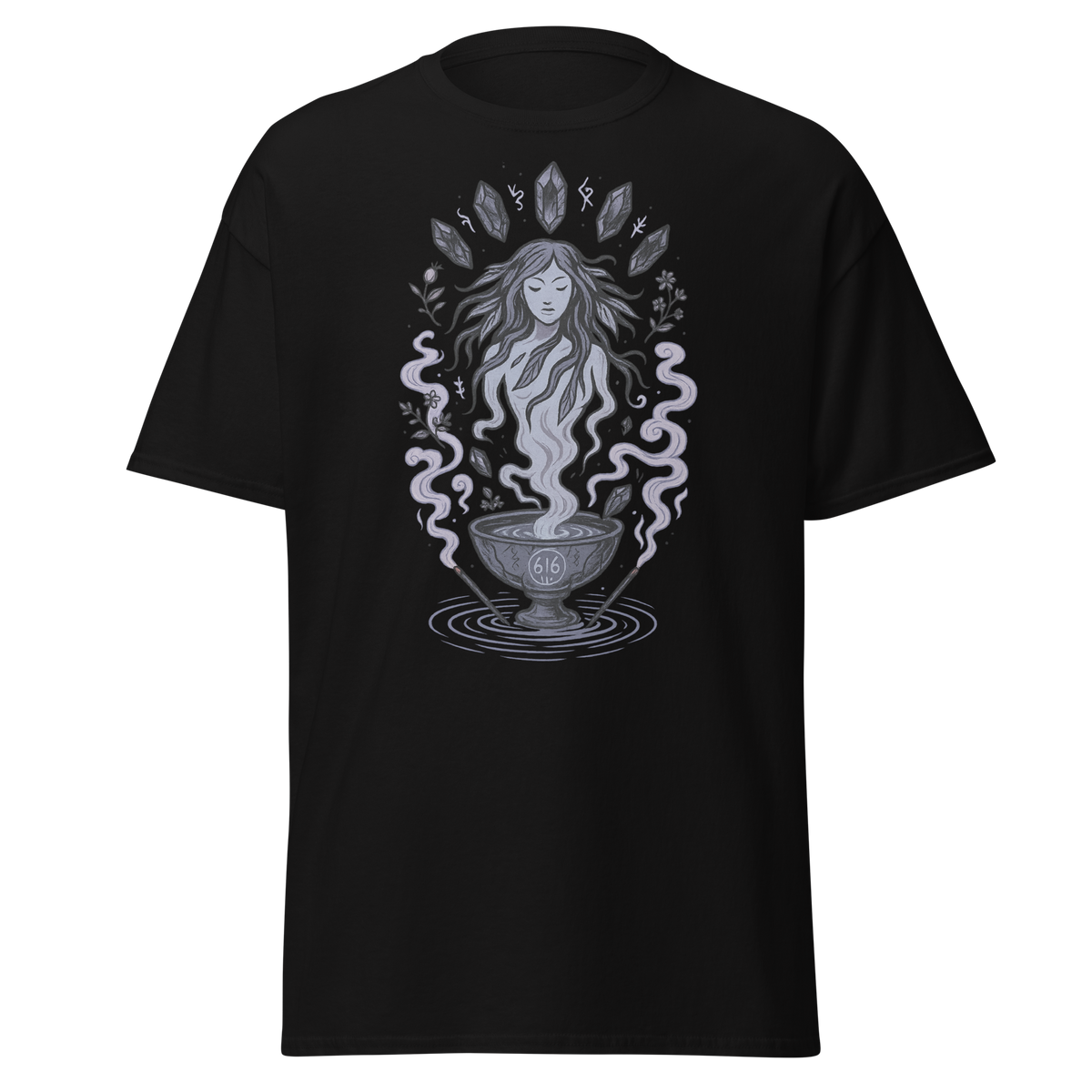 Silver Flow black unisex T-shirt with ethereal woman rising from a ritual vessel, crystals, botanicals and flowing smoke graphic by Doll Parts 616
