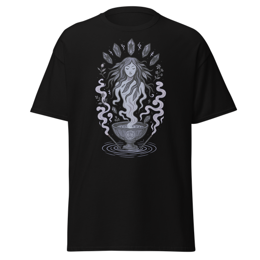 Silver Flow black unisex T-shirt with ethereal woman rising from a ritual vessel, crystals, botanicals and flowing smoke graphic by Doll Parts 616