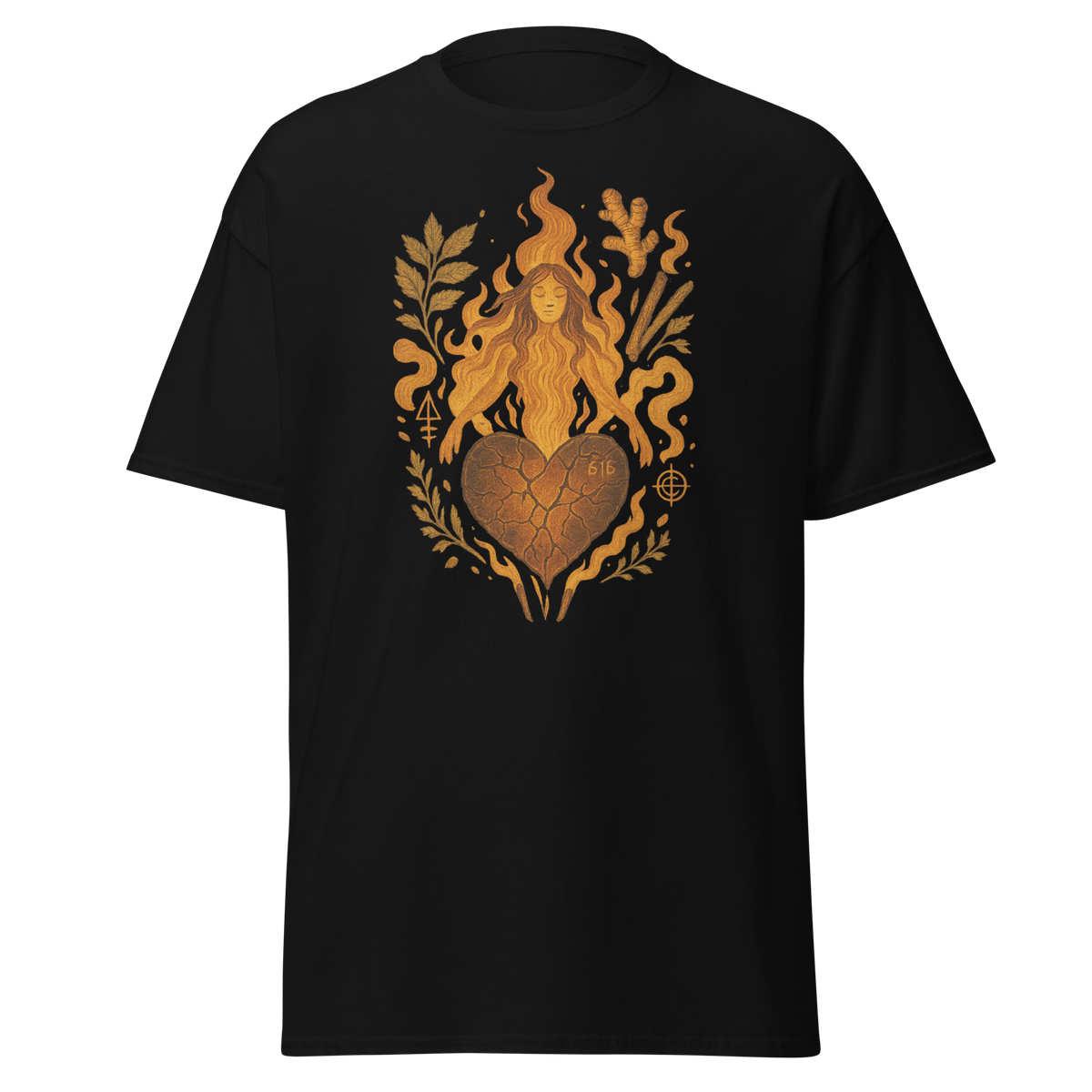 Ember Ease black unisex T-shirt with fiery woman, cracked heart, flames and botanical graphic by Doll Parts 616