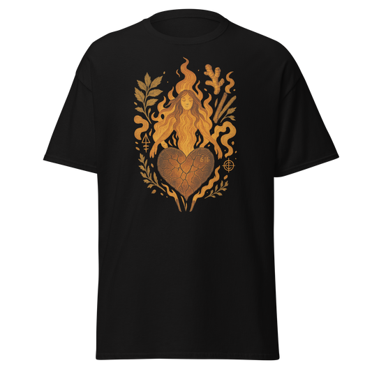Ember Ease black unisex T-shirt with fiery woman, cracked heart, flames and botanical graphic by Doll Parts 616
