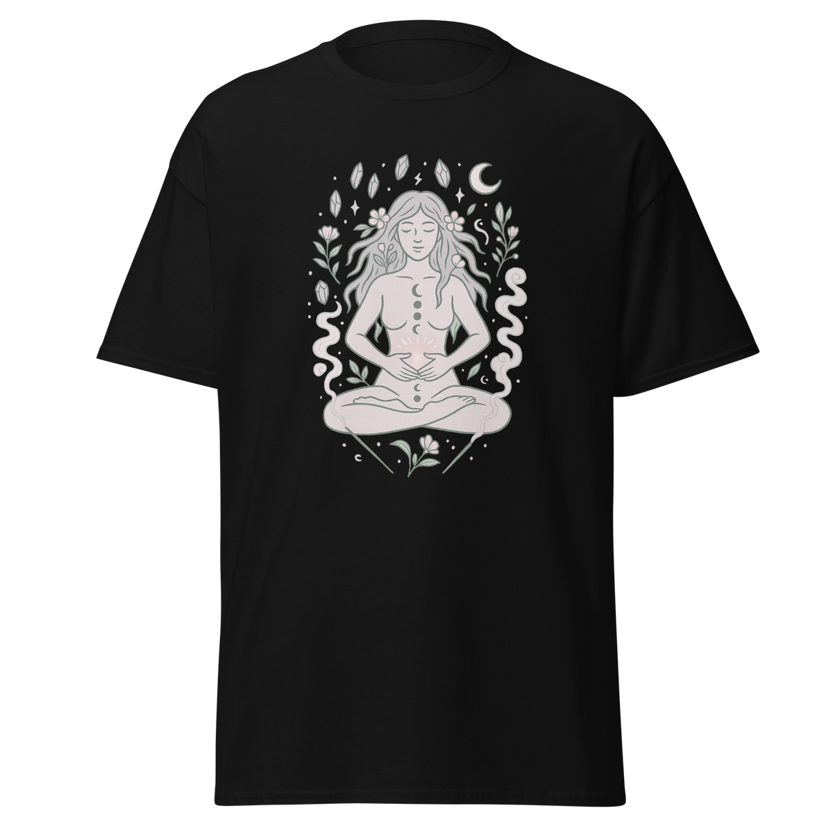 Wombstone Healing black unisex T-shirt with meditating woman, moon phases, crystals, flowers and flowing smoke graphic by Doll Parts 616