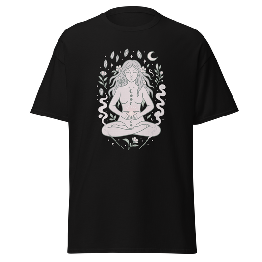 Wombstone Healing black unisex T-shirt with meditating woman, moon phases, crystals, flowers and flowing smoke graphic by Doll Parts 616