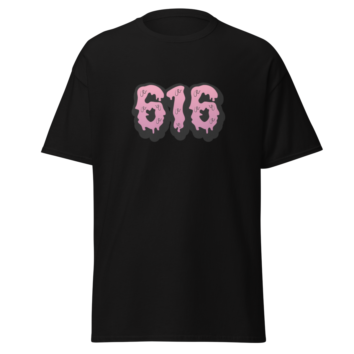 616 black unisex T-shirt with pink dripping 616 logo graphic by Doll Parts 616