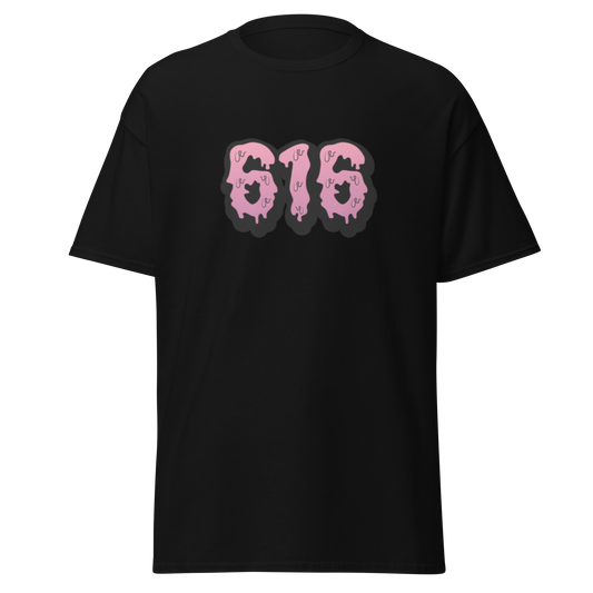 616 black unisex T-shirt with pink dripping 616 logo graphic by Doll Parts 616