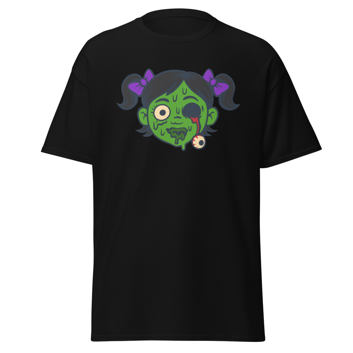 Eyeless black unisex T-shirt with green zombie girl, purple pigtails and hanging eyeball graphic by Doll Parts 616