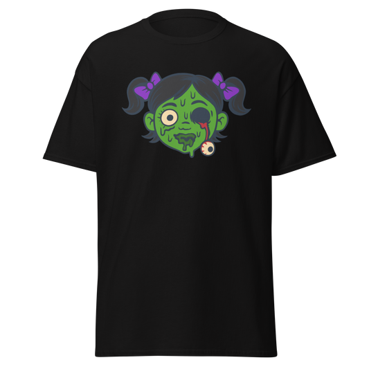 Eyeless black unisex T-shirt with green zombie girl, purple pigtails and hanging eyeball graphic by Doll Parts 616