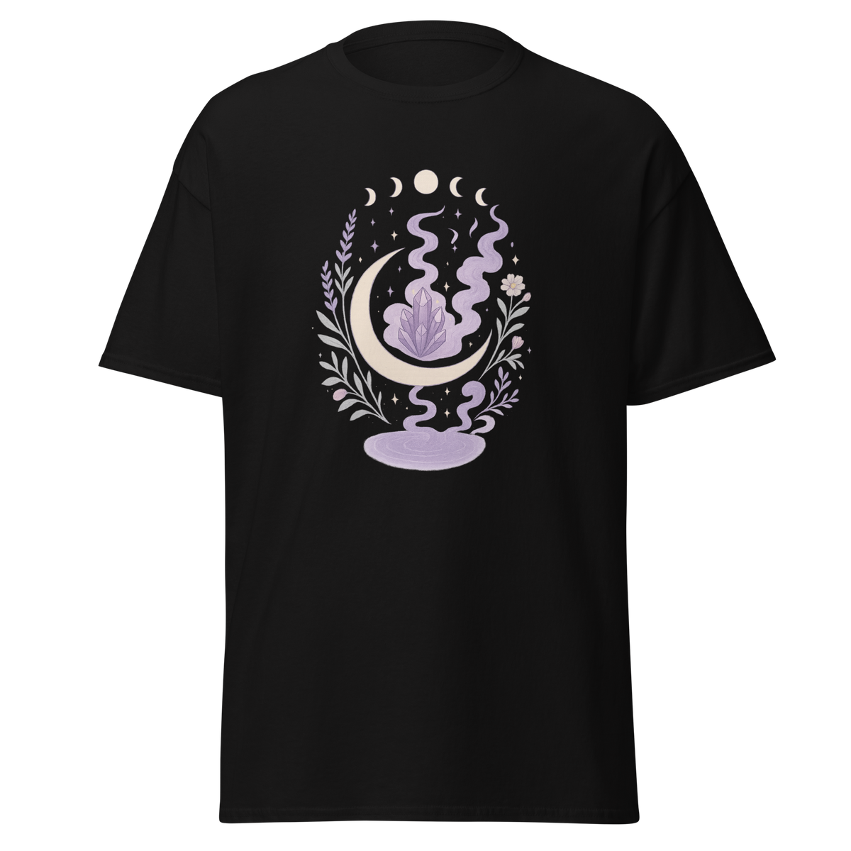 Dreamers Veil black unisex T-shirt with crescent moon, purple crystal, moon phases, botanicals and mystical smoke graphic by Doll Parts 616