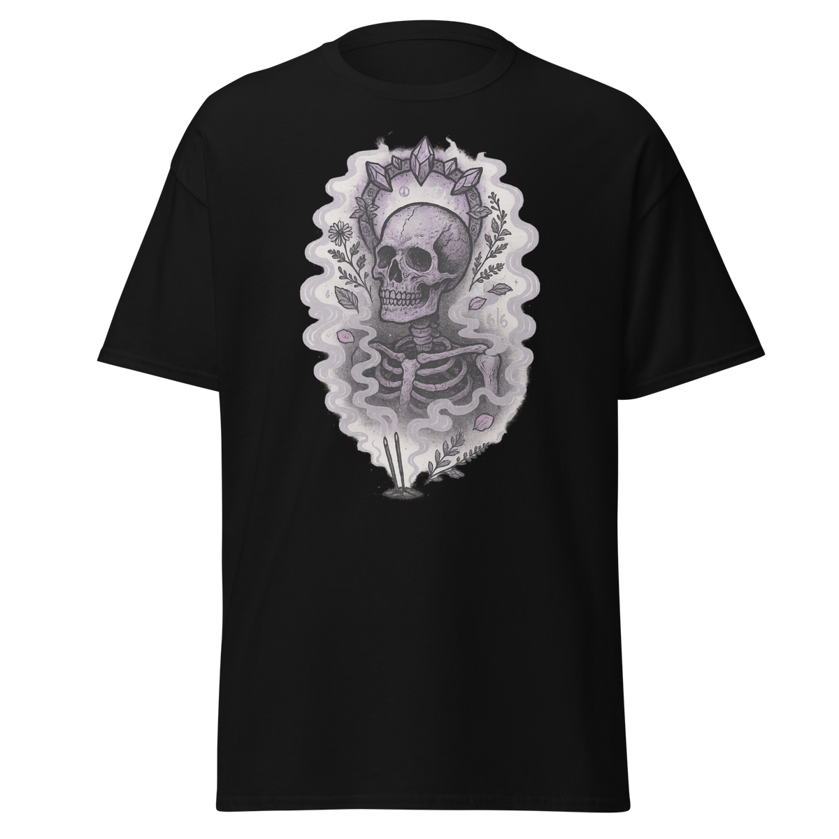 Shadow Calm black unisex T-shirt with gothic skeleton, crystals, botanicals and incense smoke graphic by Doll Parts 616