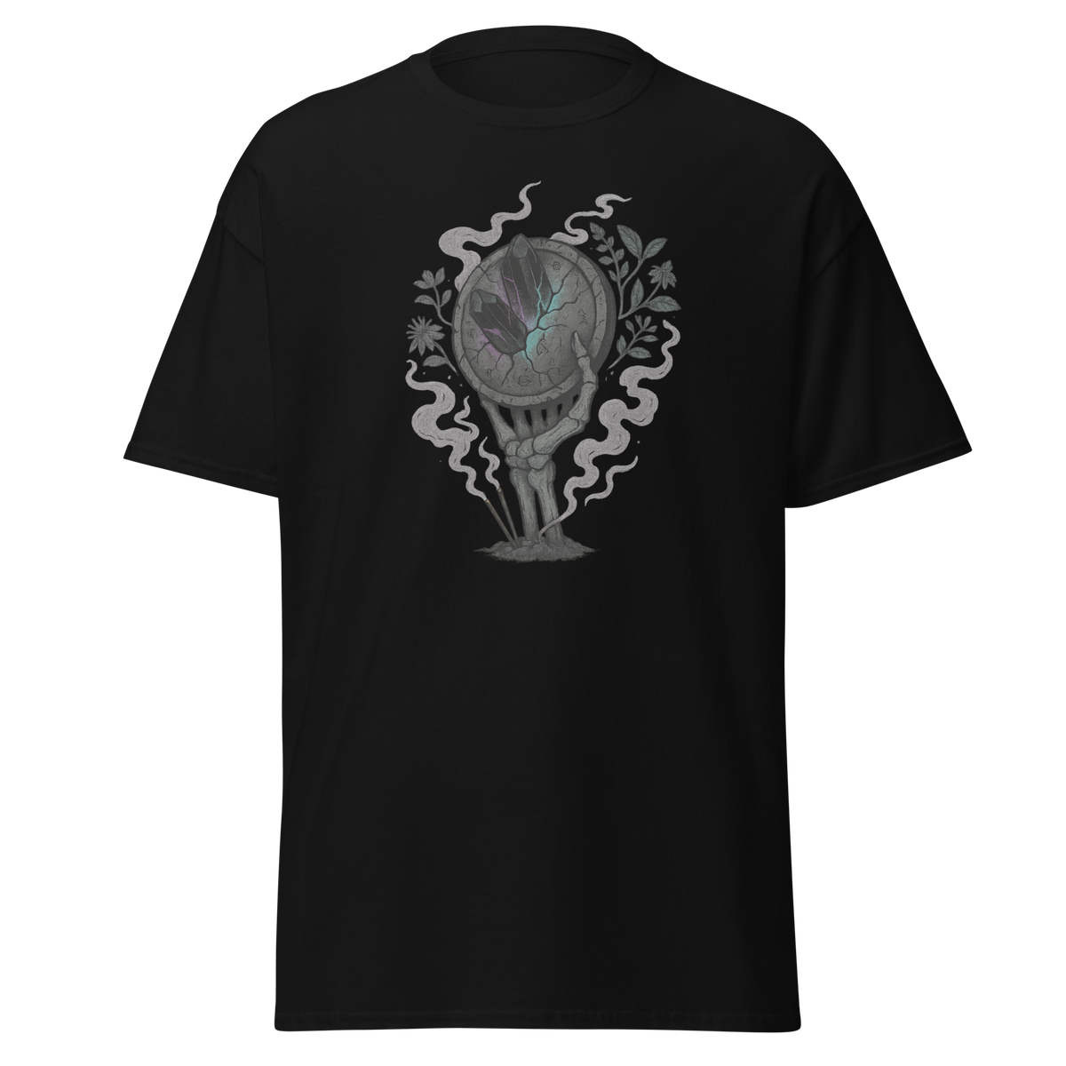 The Ashen Shield black unisex T-shirt with skeletal hand holding a dark crystal shield, botanicals and smoke graphic by Doll Parts 616