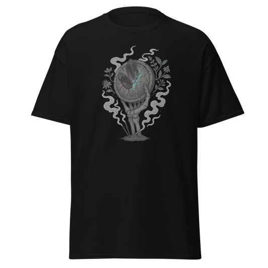 The Ashen Shield black unisex T-shirt with skeletal hand holding a dark crystal shield, botanicals and smoke graphic by Doll Parts 616