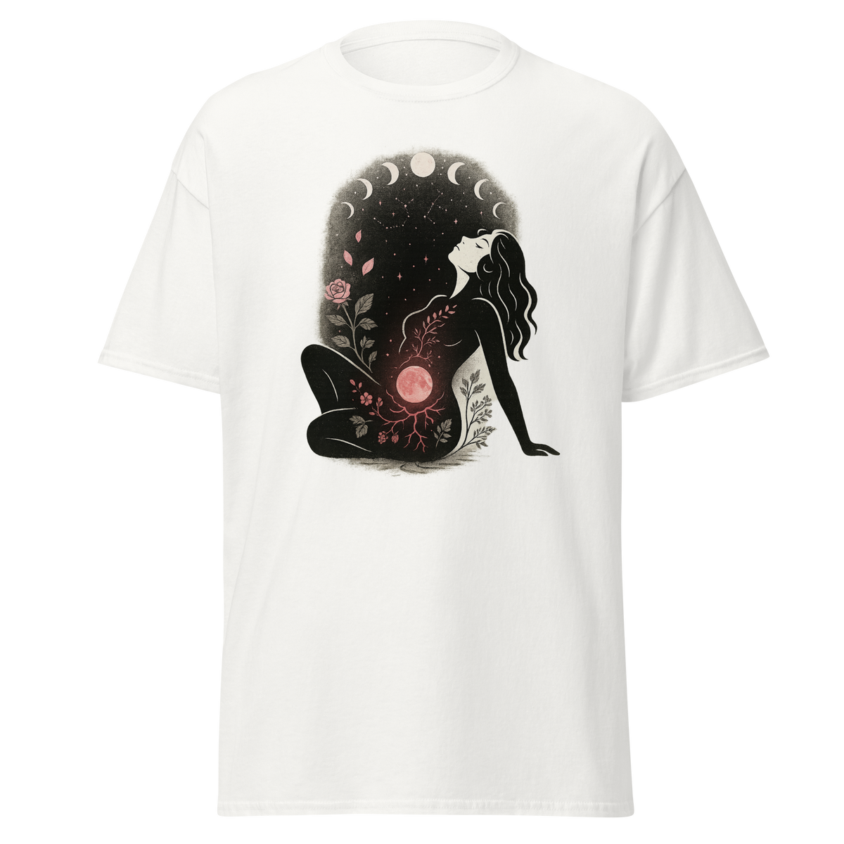 Blood Moon Comfort white unisex T-shirt with seated woman, glowing blood moon, lunar phases, roses and celestial botanical graphic by Doll Parts 616