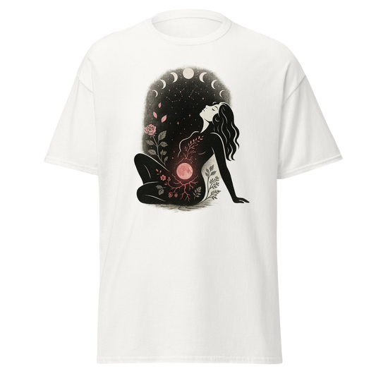 Blood Moon Comfort white unisex T-shirt with seated woman, glowing blood moon, lunar phases, roses and celestial botanical graphic by Doll Parts 616