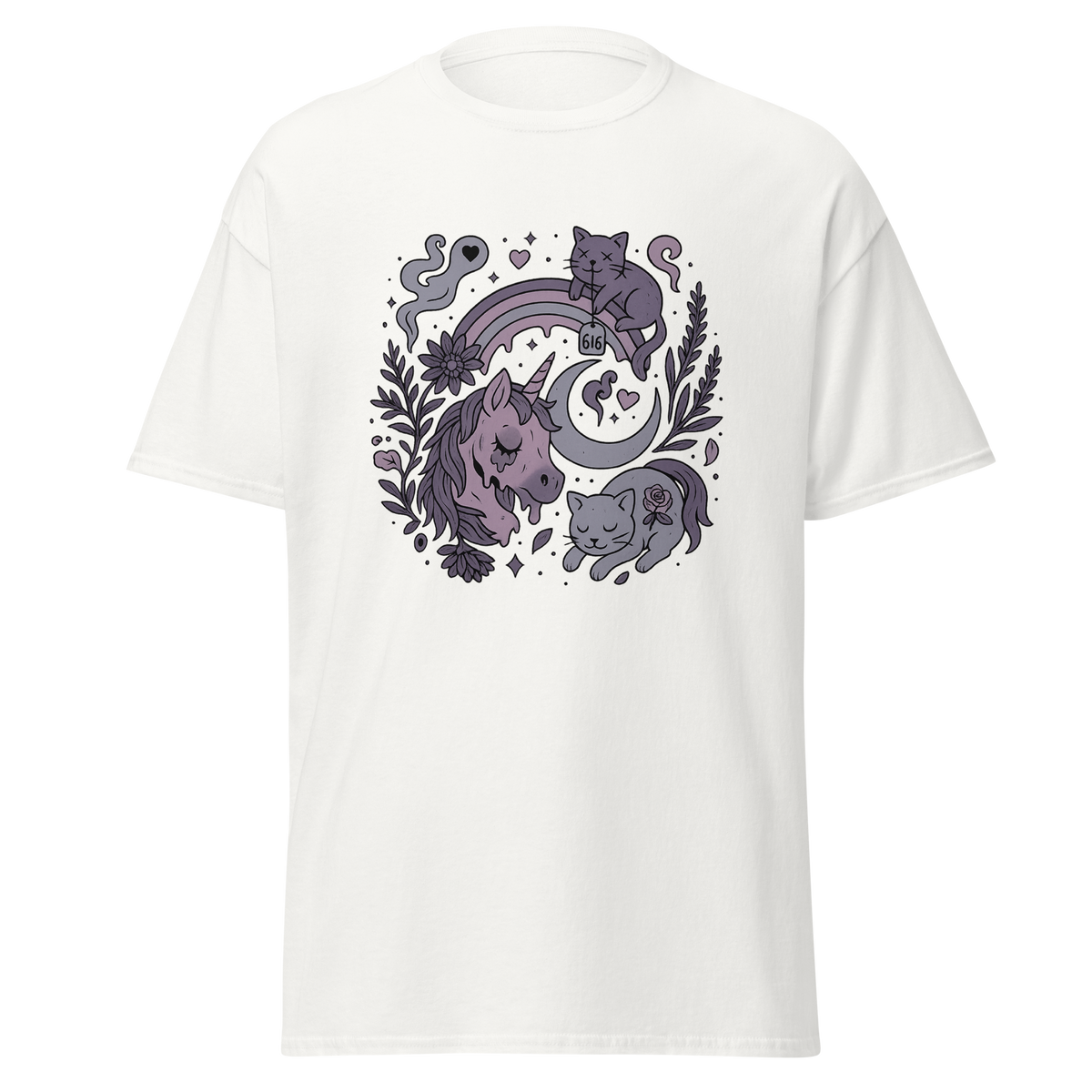 Midnight Trance white unisex T-shirt with unicorn, sleeping cats, crescent moon, rainbow and dark botanical graphic by Doll Parts 616