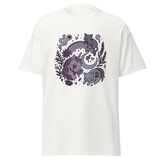 Midnight Trance white unisex T-shirt with unicorn, sleeping cats, crescent moon, rainbow and dark botanical graphic by Doll Parts 616