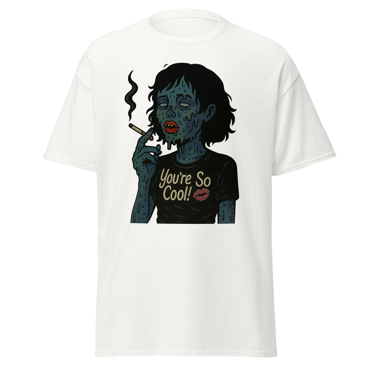 Smoked Out white unisex T-shirt with blue undead girl smoking and You're So Cool graphic by Doll Parts 616