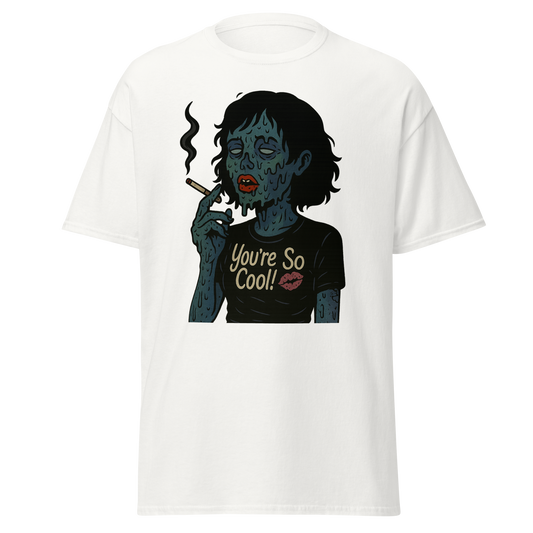 Smoked Out white unisex T-shirt with blue undead girl smoking and You're So Cool graphic by Doll Parts 616