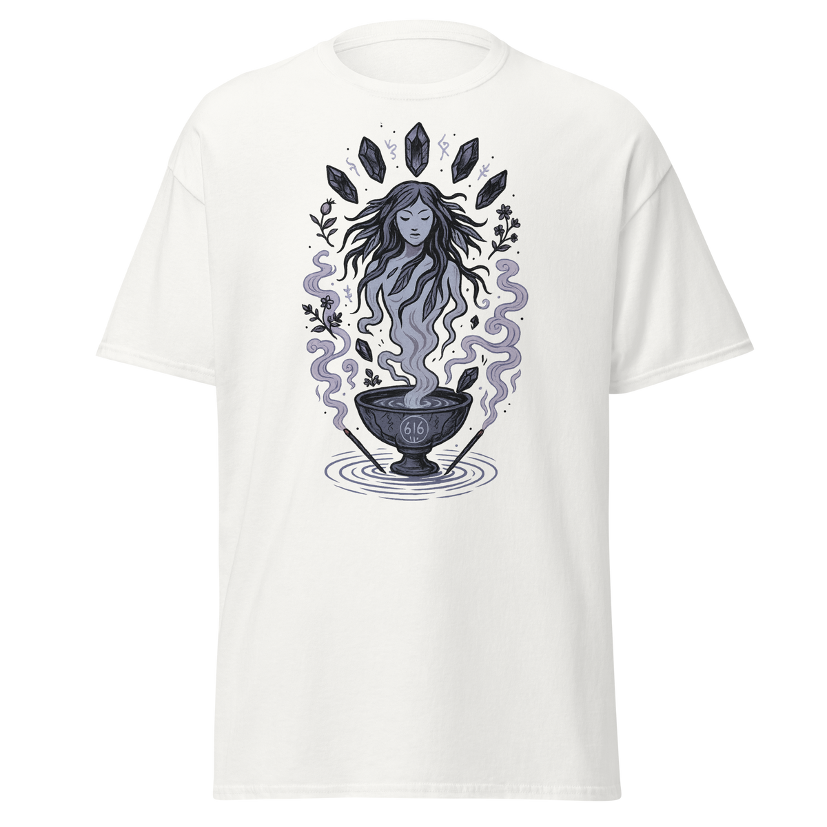 Silver Flow white unisex T-shirt with ethereal woman rising from a ritual vessel, crystals, botanicals and flowing smoke graphic by Doll Parts 616