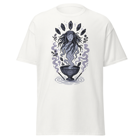 Silver Flow white unisex T-shirt with ethereal woman rising from a ritual vessel, crystals, botanicals and flowing smoke graphic by Doll Parts 616