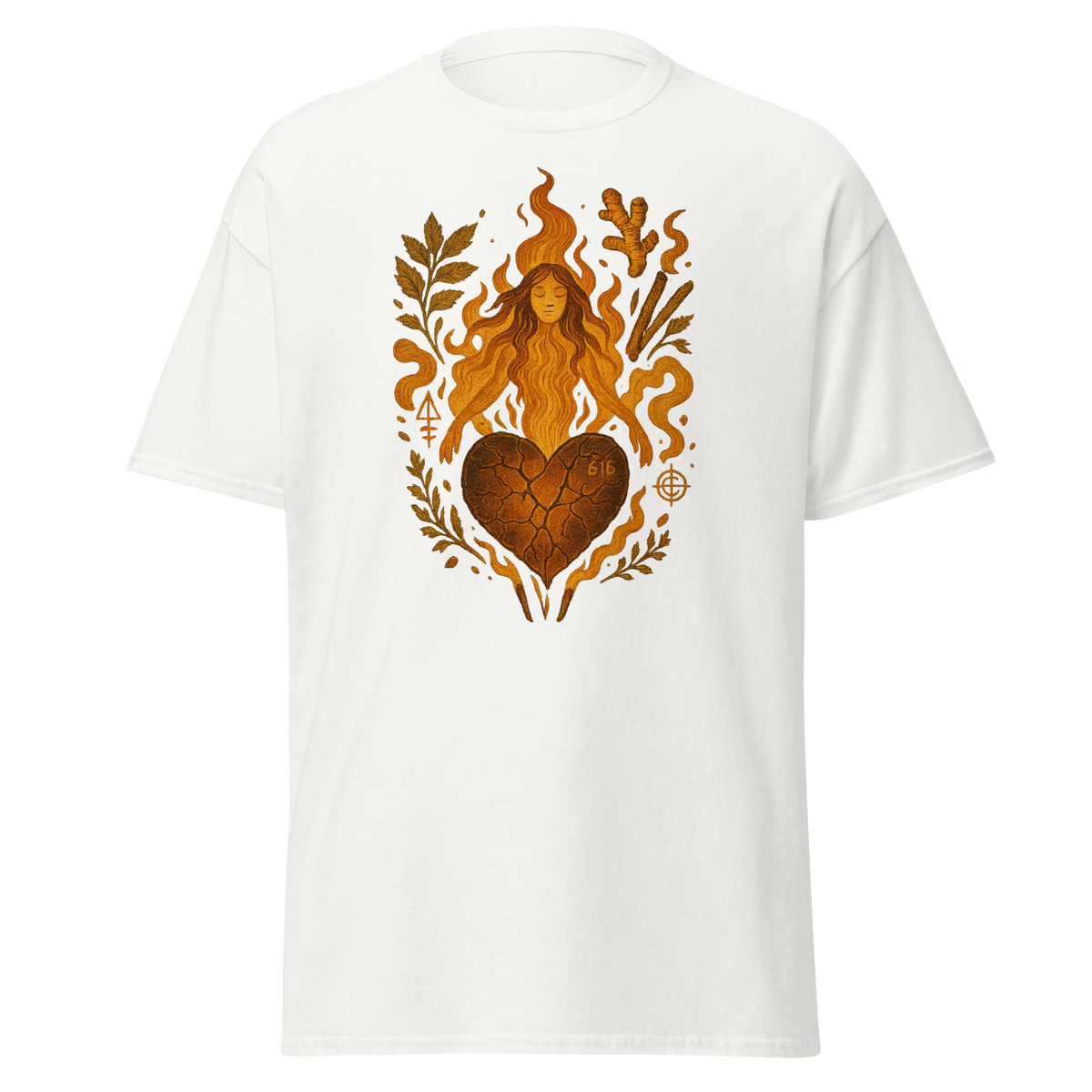 Ember Ease white unisex T-shirt with fiery woman, cracked heart, flames and botanical graphic by Doll Parts 616