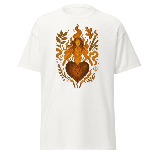 Ember Ease white unisex T-shirt with fiery woman, cracked heart, flames and botanical graphic by Doll Parts 616