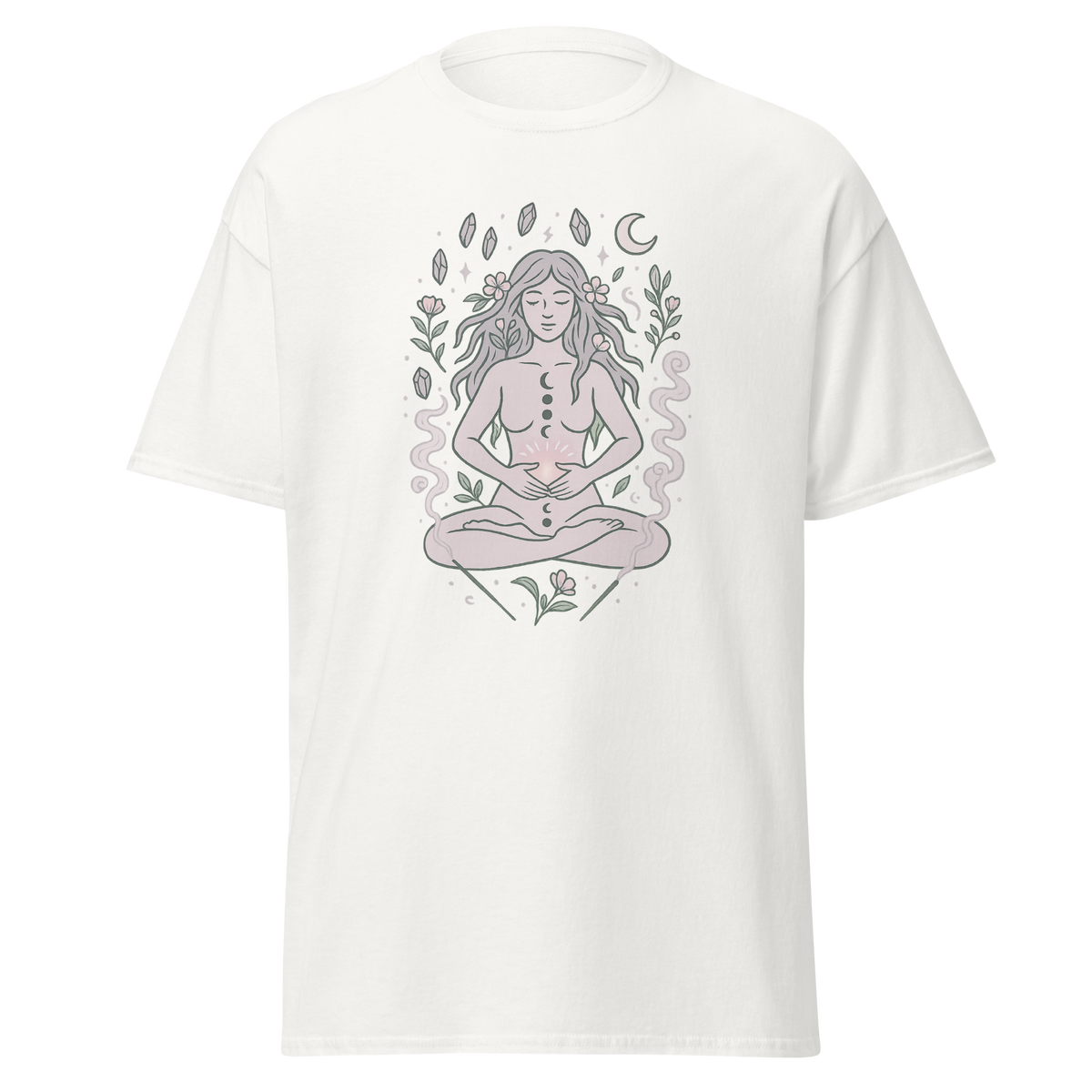 Wombstone Healing white unisex T-shirt with meditating woman, moon phases, crystals, flowers and flowing smoke graphic by Doll Parts 616