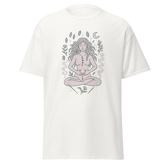 Wombstone Healing white unisex T-shirt with meditating woman, moon phases, crystals, flowers and flowing smoke graphic by Doll Parts 616