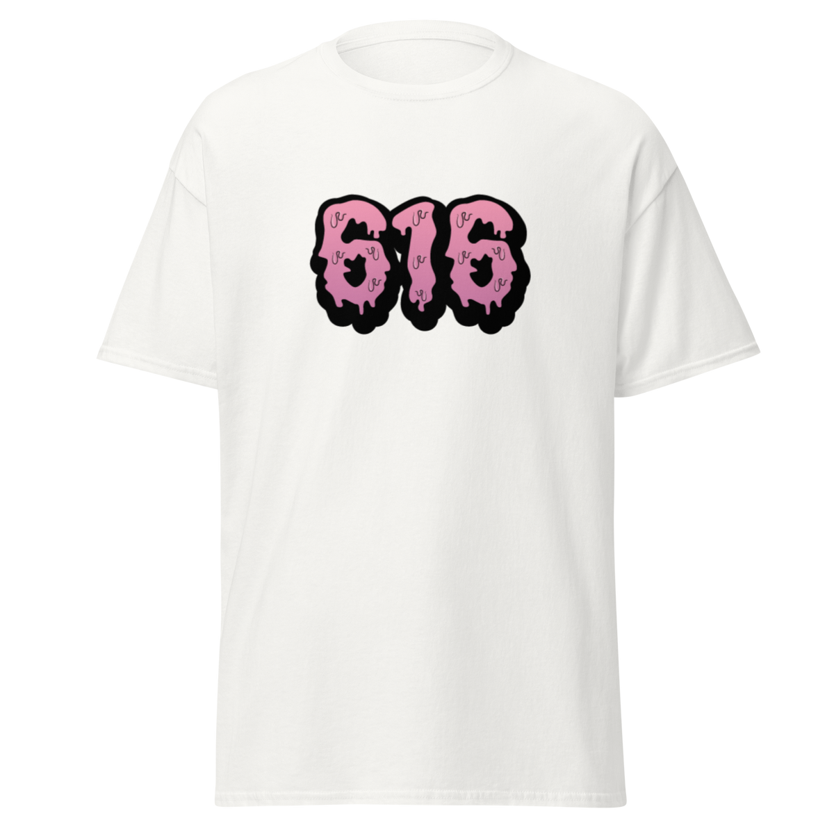 616 white unisex T-shirt with pink dripping 616 logo graphic by Doll Parts 616