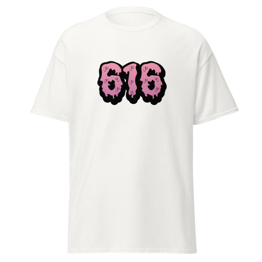 616 white unisex T-shirt with pink dripping 616 logo graphic by Doll Parts 616