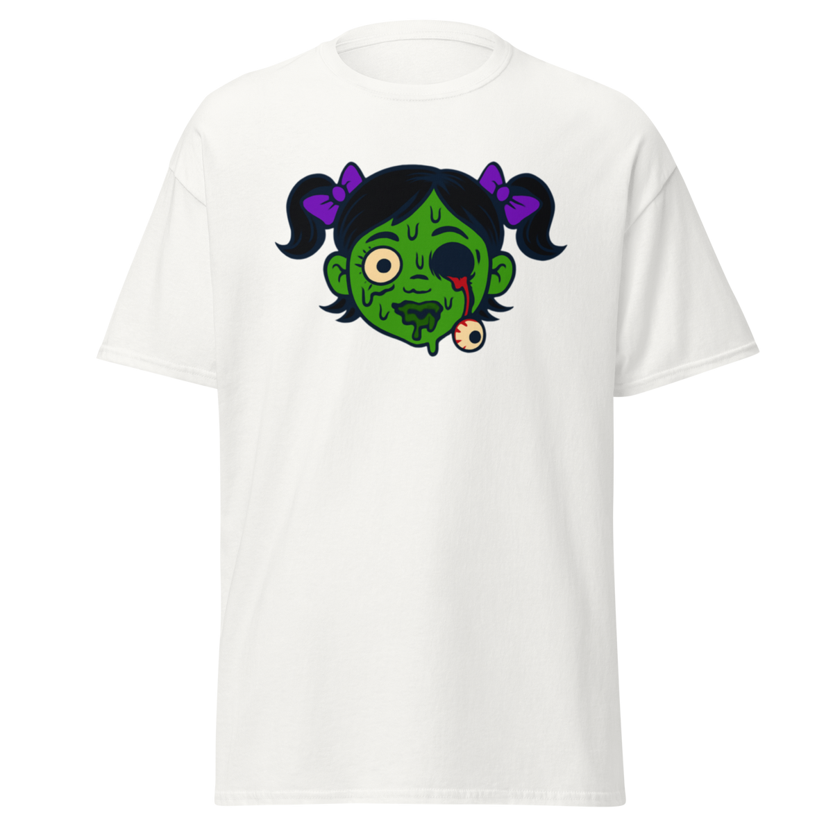 Eyeless white unisex T-shirt with green zombie girl, purple pigtails and hanging eyeball graphic by Doll Parts 616