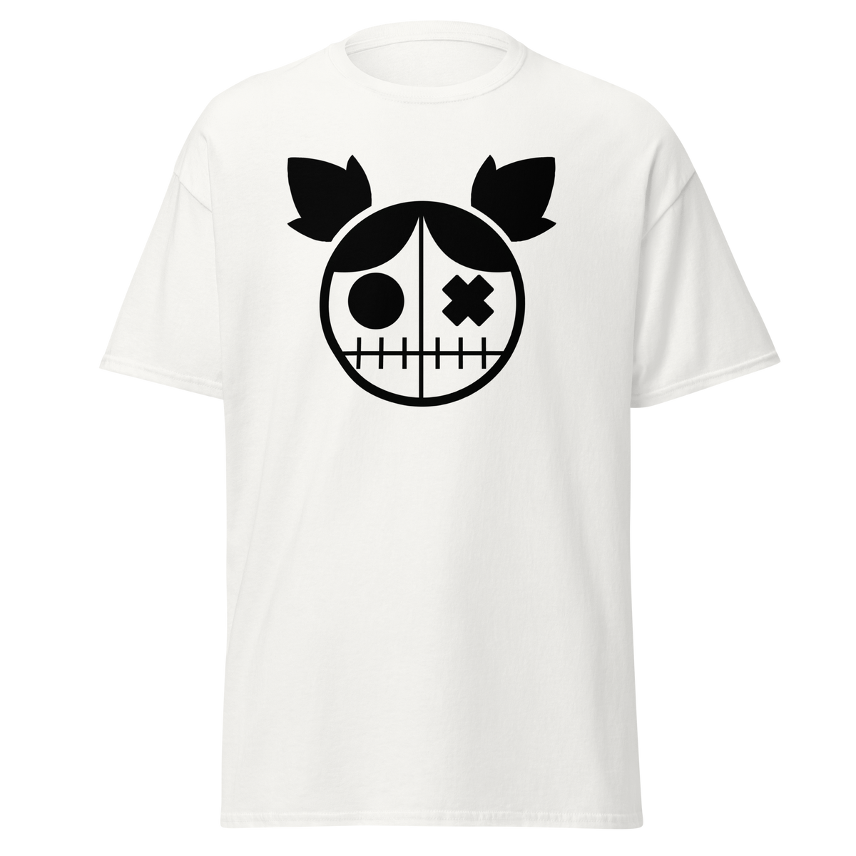 Headless white unisex T-shirt with black creepy doll head, mismatched eyes and stitched mouth graphic by Doll Parts 616