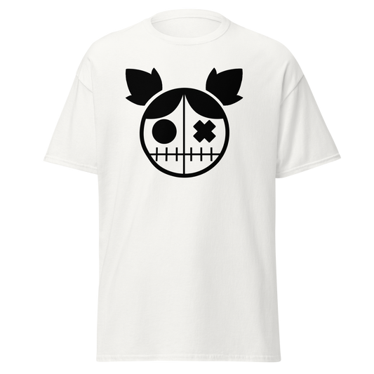 Headless white unisex T-shirt with black creepy doll head, mismatched eyes and stitched mouth graphic by Doll Parts 616