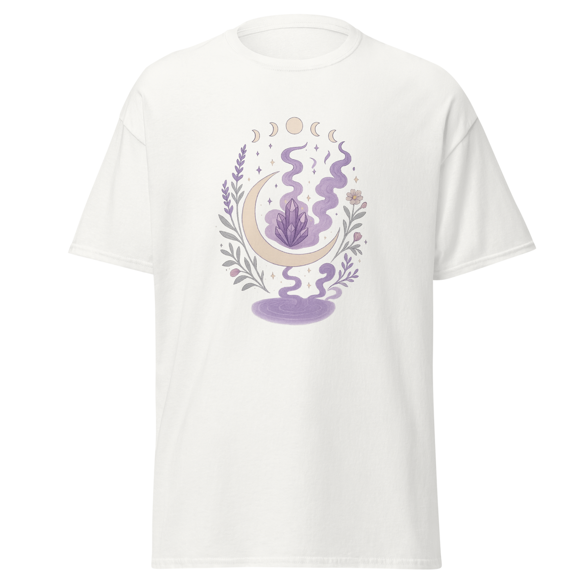 Dreamers Veil white unisex T-shirt with crescent moon, purple crystal, moon phases, botanicals and mystical smoke graphic by Doll Parts 616