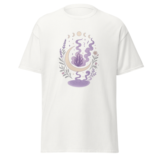 Dreamers Veil white unisex T-shirt with crescent moon, purple crystal, moon phases, botanicals and mystical smoke graphic by Doll Parts 616
