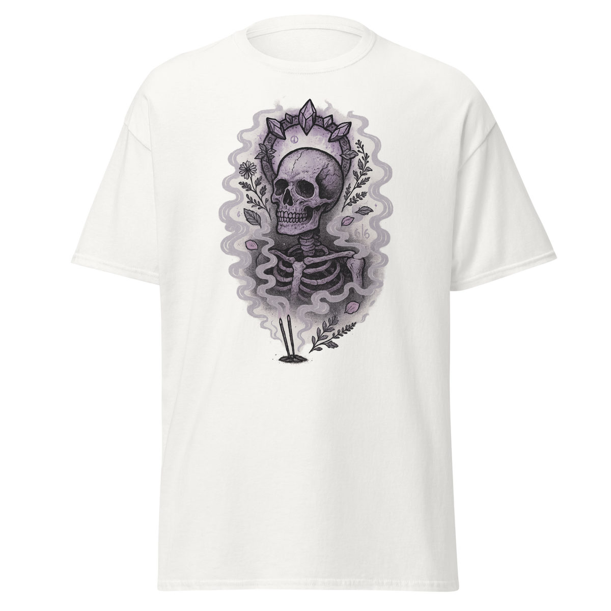 Shadow Calm white unisex T-shirt with gothic skeleton, crystals, botanicals and incense smoke graphic by Doll Parts 616