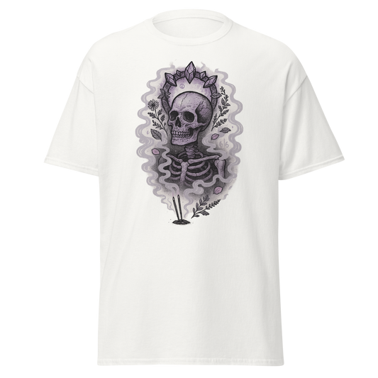 Shadow Calm white unisex T-shirt with gothic skeleton, crystals, botanicals and incense smoke graphic by Doll Parts 616