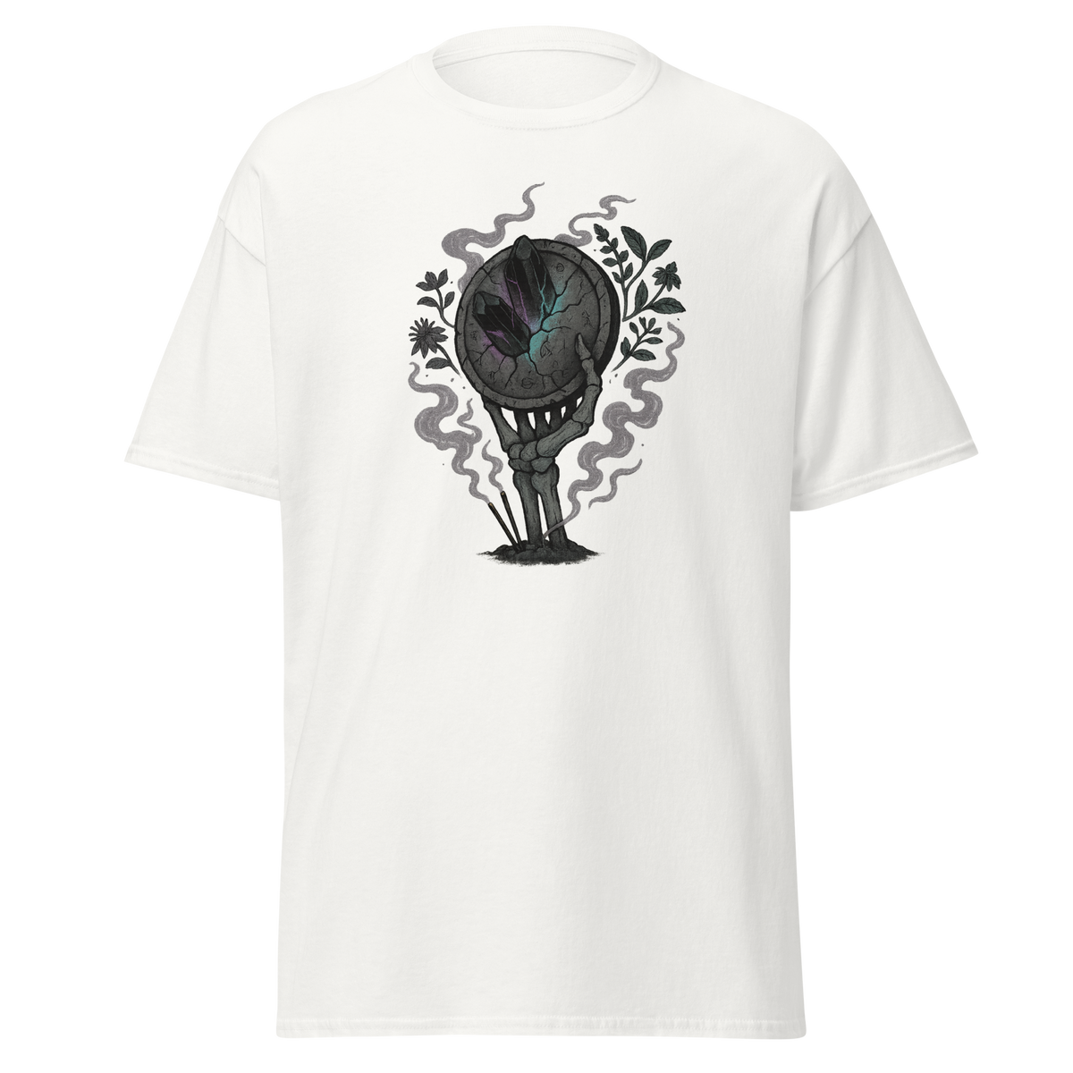 The Ashen Shield white unisex T-shirt with skeletal hand holding a dark crystal shield, botanicals and smoke graphic by Doll Parts 616