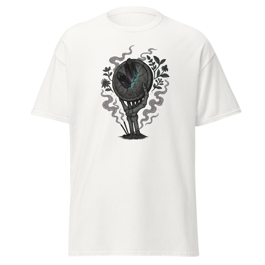 The Ashen Shield white unisex T-shirt with skeletal hand holding a dark crystal shield, botanicals and smoke graphic by Doll Parts 616